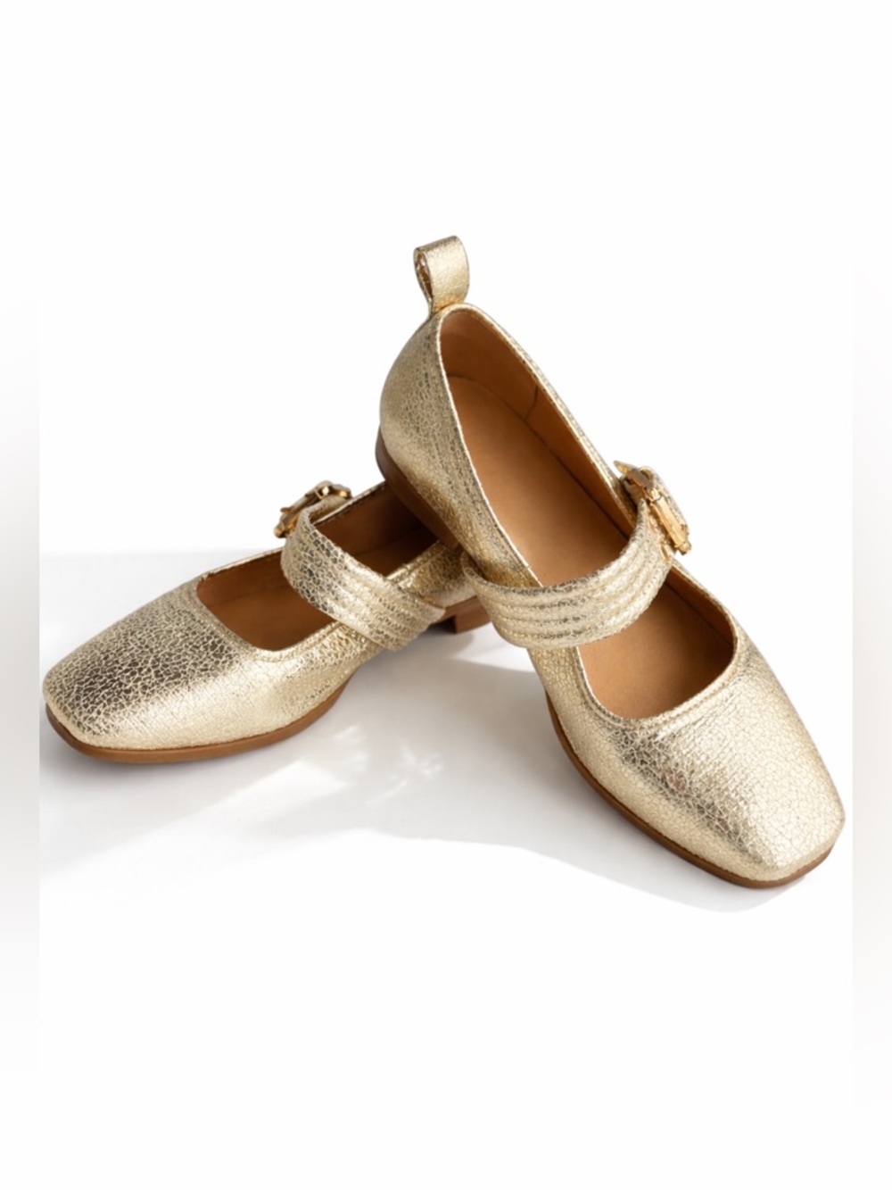 Gold Metallic Mary Jane Flats Square Toe Buckle Strap Ballet Shoes Womens Size 7
